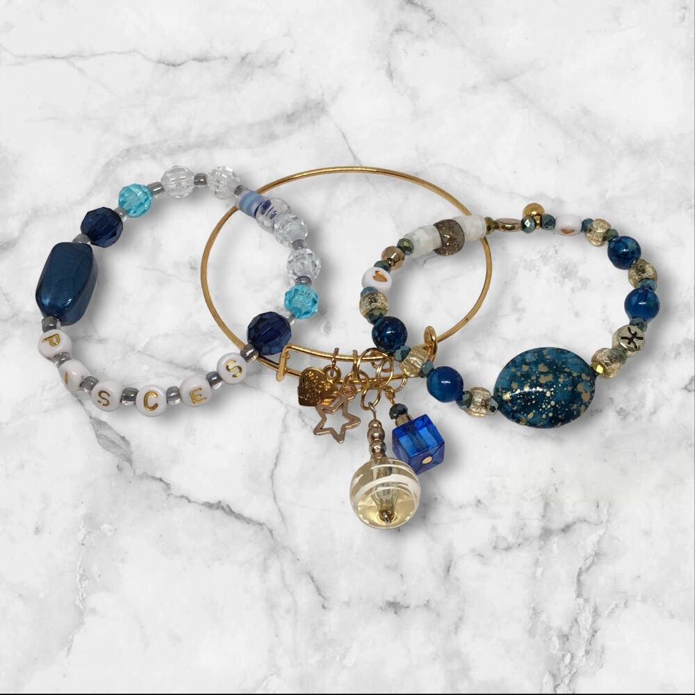 Pisces Blue and White Stretch and Bangle Bracelets Handmade Mixed Media Charm